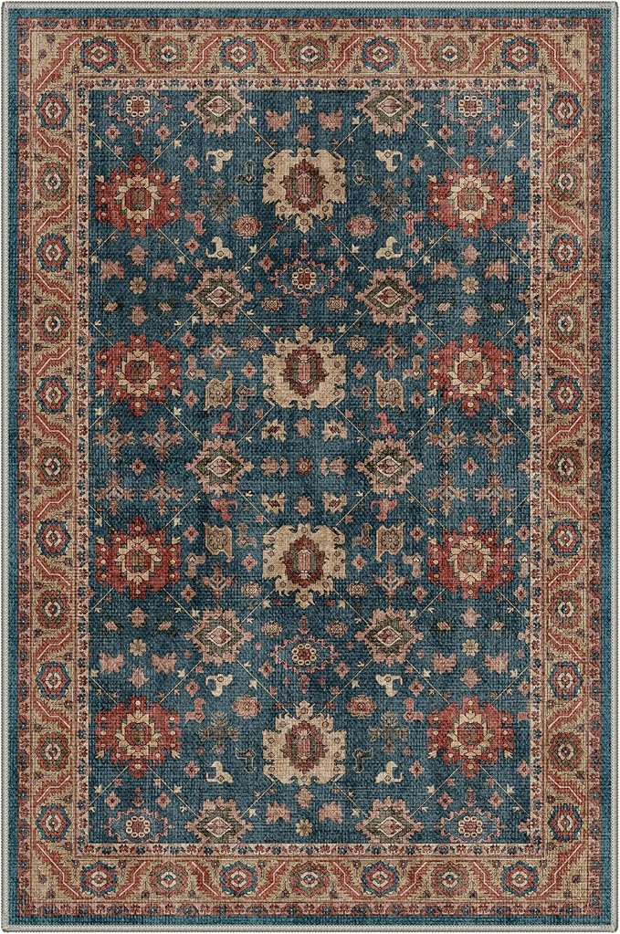 Bavni Boho 2x3 Washable Entryway Rug, Vintage Floral Door Mat Non Slip, Low Pile Soft Thin Indigo Blue Carpet Stain Resistant, Small Throw Accent Area Rugs for Bedroom, Bathroom, Laundry, Kitchen