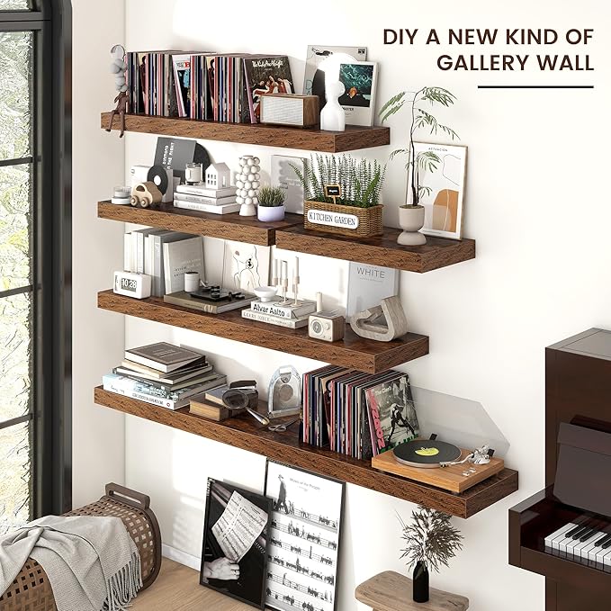 Floating Shelves for Wall, Engineered Wood Wall Shelves with Invisible Brackets for Living Room Bedroom Bathroom Office Kitchen Decor and Storage (Brown, 36" W x 9" D x 1.5" H) Set of 2