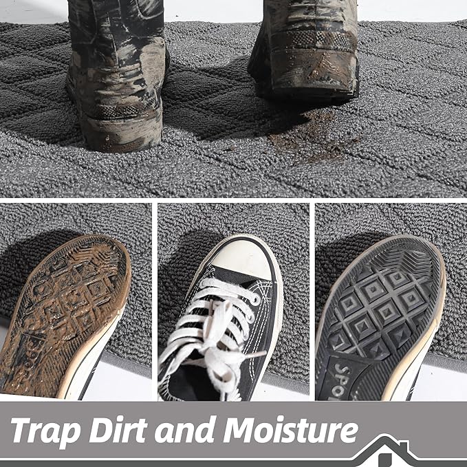 BEQHAUSE Dirt Trapper Door Mat 20" x 32", Non-Slip Washable Doormats Welcome Mat, Dirt Resistant and Absorbent Entrance Mat, Low Profile Floor Mats for Front Back Door, Entryway, Grey