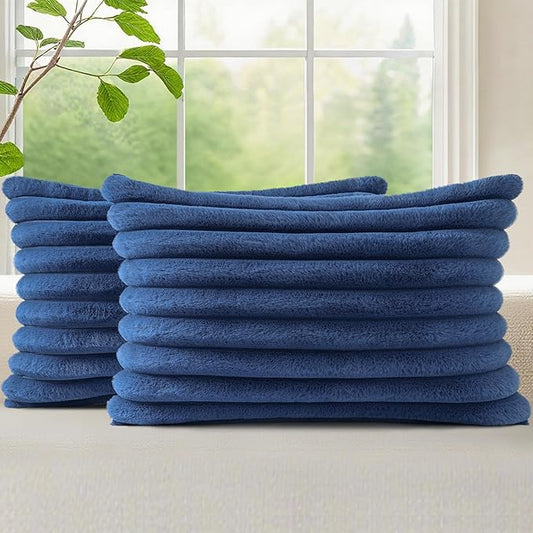 decorUhome Faux Fur Spring Throw Pillow Covers 12x20 Set of 2, Decorative Soft Plush Striped Lumbar Neutral Couch Pillow Covers with Velvet Back for Sofa, Bed, Living Room Home, Blue