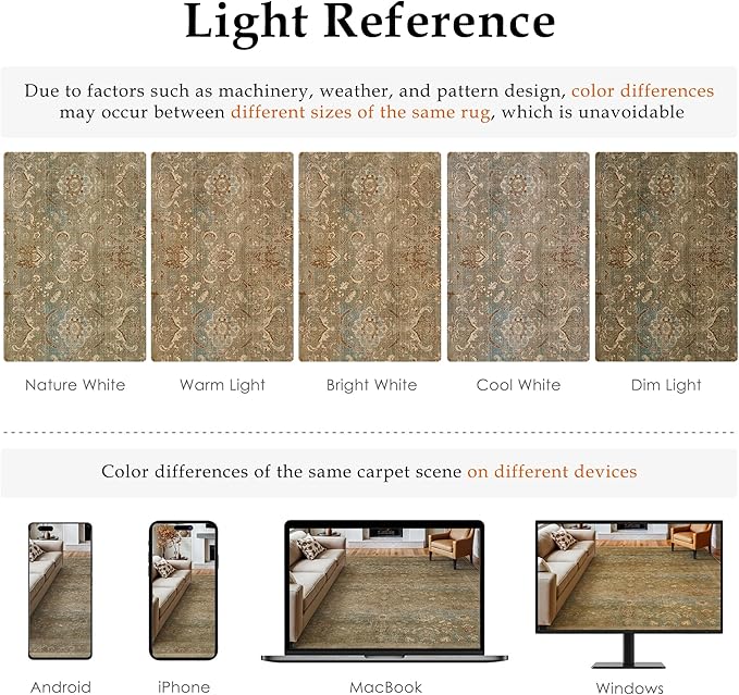 PureCozy Vintage Area Rug 8x10 Washable Brown Living Room Carpet Large Indoor Non Slip Bedroom Low Pile Kitchen Distressed Retro Accent Throw Rug for Dining Room