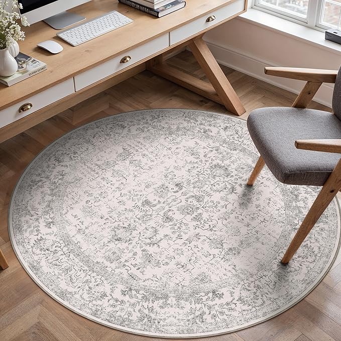 PureCozy Grey Round Area Rug 3ft Entryway Door Mat Small Circle 3x3 Kitchen Vintage Carpet Non Slip Indoor Bedroom Washable Distressed Floral Retro Accent Throw Rug Office Bathroom