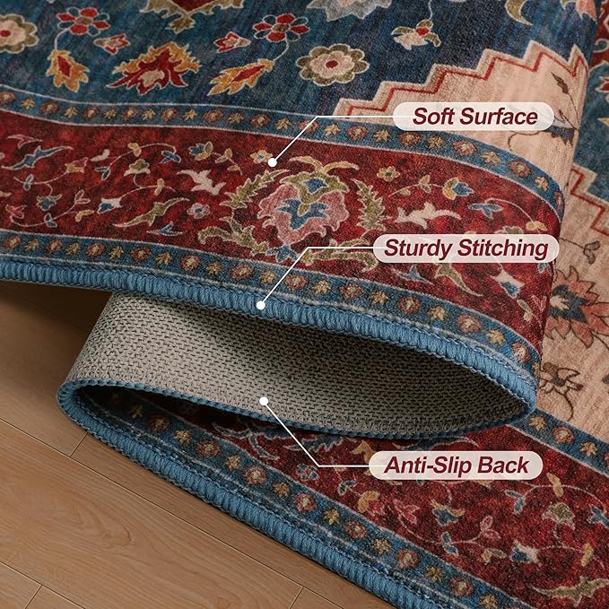 Tangsoo 2x5 Washable Runner Rug for Hallways, Non Slip Vintage Runner Rug, Soft Low Pile Long Rug Runner, Print Distressed Carpet Runners for Kitchen Bedroom Entryway Bathroom Living Room Red/Blue