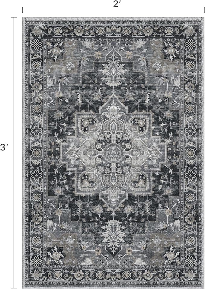 BESBLEE Area Rug 2x3 Doormat, Machine Washable Low Pile Rugs, Small Retro Entryway Mat for Entrance, Hallway, Kitchen and Corridor, Dark Gray