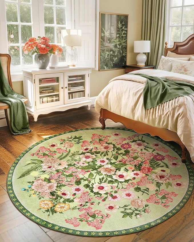 AREAMAY Floral Washable Round Area Rug - 6x6 Round Rugs Living Room Rug Soft Non-Slip Low Pile Large Indoor Accent Circle Carpet for Closet Bedroom Dining Room Home Office Nursery, 6ft Green