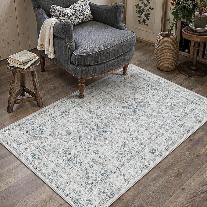 PureCozy Blue 4x6 Entryway Rug Vintage Area Carpet Indoor Office Washable Door Mat Entrance Small Low Pile Traditional Distressed Retro Accent Throw Rug Non Slip Kitchen Bathroom