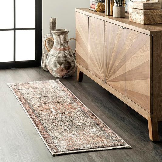 Nuloom Fringed Performance Charvi Beige/Ivory, 2'8" x 8', Distressed Medallion, Soft and Cozy, High Traffic, Stain Resistant, Easy Clean, Durable Area Rug for Bedroom, Living Room, Dining, Foyer