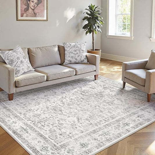 PureCozy Grey 5x8 Area Rug Vintage Washable Living Room Carpet Non Slip Neutral Bedroom Indoor Office Low Pile Traditional Distressed Retro Gray Accent Rug for Dining Room Bathroom Kitchen