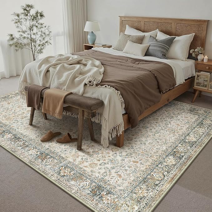 PureCozy Beige Area Rug 6x9 Living Room Machine Washable Vintage Carpet Non Slip Indoor Retro Traditional Accent Throw Large Rug for Office Bedroom Dining Room Playroom