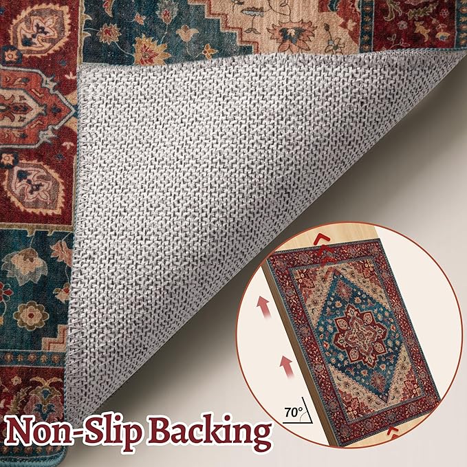 Kitchen Rugs 2x4 Washable Rug for Entryway Vintage Non Slip Small Rugs Front Door Mat Indoor Entrance, Print Distressed Throw Rug Red/Blue, Soft Low Pile Small Carpet for Entry Bedroom Bathroom
