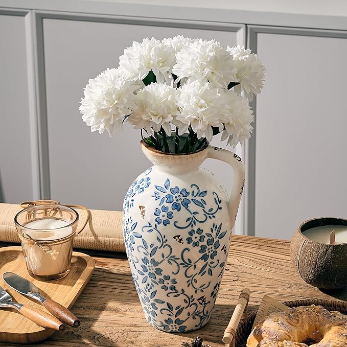 Blue-and-White Porcelain Antique Vase, 8.9 Inch Vintage Chinoiserie Floral Vase, Rustic Ceramic Vase for Home Decor, Living Room, Bookshelf, Office, Entryway, Garden, Chinoiserie Decor, Tuscan Decor