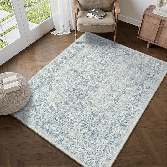 PureCozy Blue Area Rug 3x4 Office Entryway Rug Machine Washable Kitchen Vintage Distressed Non Slip Carpet Indoor Retro Floral Accent Throw Door Mat for Bathroom Bedroom Dining Living Room