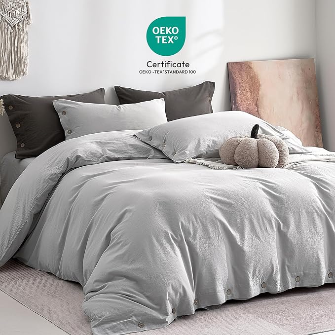 JELLYMONI 100% Washed Cotton Duvet Cover Queen – Soft, Breathable Linen-Look Bedding with Natural Wrinkle Texture, Button Closure, 3-Piece Set (Pale Grey, 90"x90")
