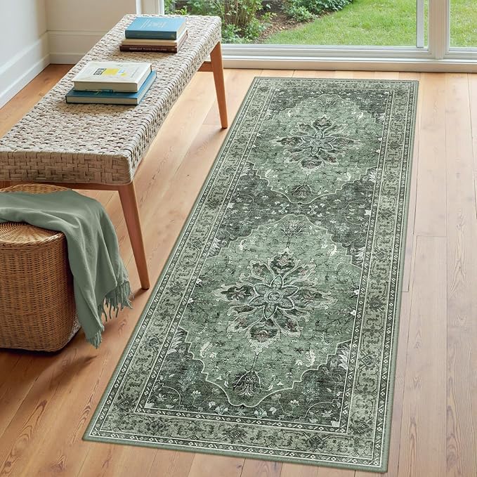 RELEANY Area Rugs 3'x8' Washable Non-Slip, Floral Vintage Distress Print Pattern Medallion Carpet for Living Room Bedroom Dining Room, Dark Green Gray