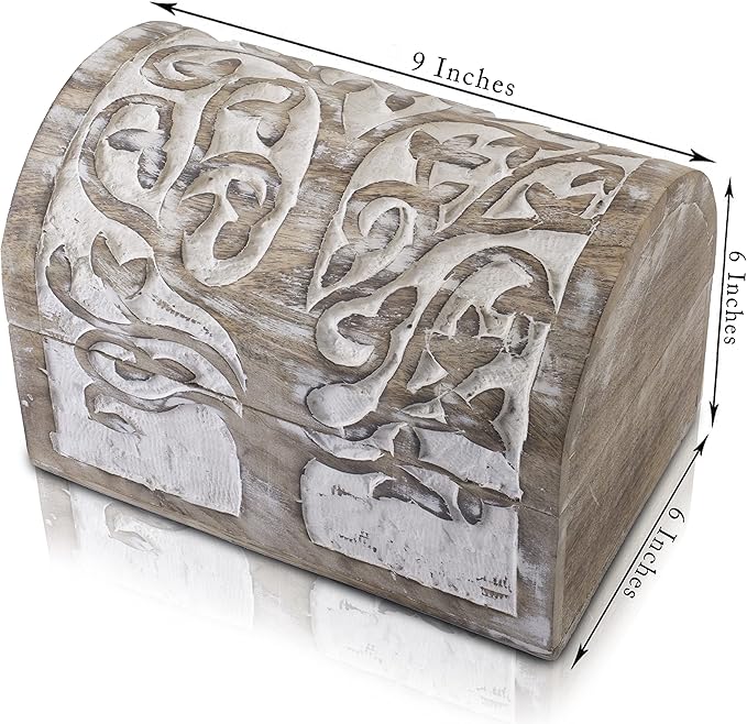 Great Birthday Gift Ideas Handmade Decorative Wooden Jewelry Box With Tree of Life Carvings Jewelry Organizer Keepsake Box Treasure Chest Trinket Holder Watch Box Storage Lock Box (White)