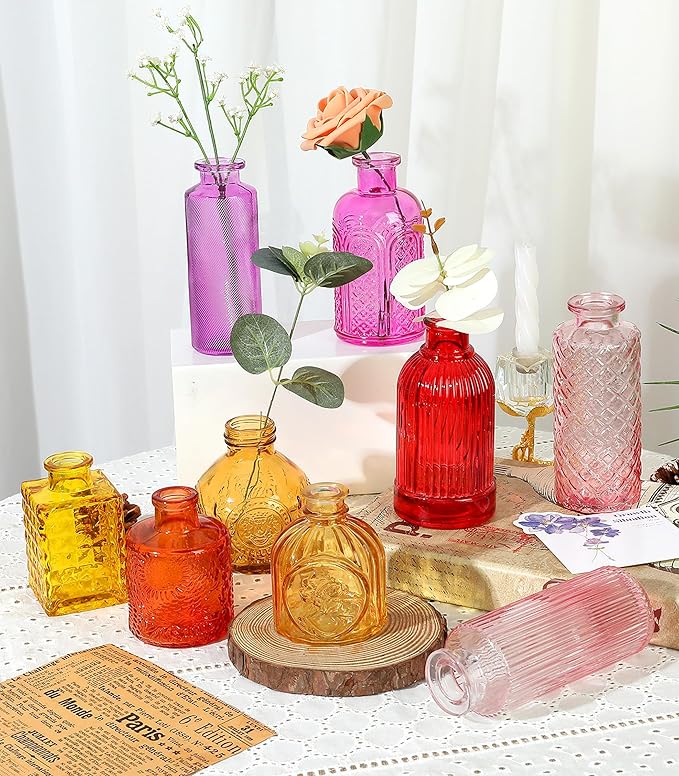 Set of 15 Colorful Glass Bud Vases - Small Textured Flower Vases for Centerpieces, Wedding Table Decor, Retro Home Decor Bulk Vase Set for DIY, Events & Gifts