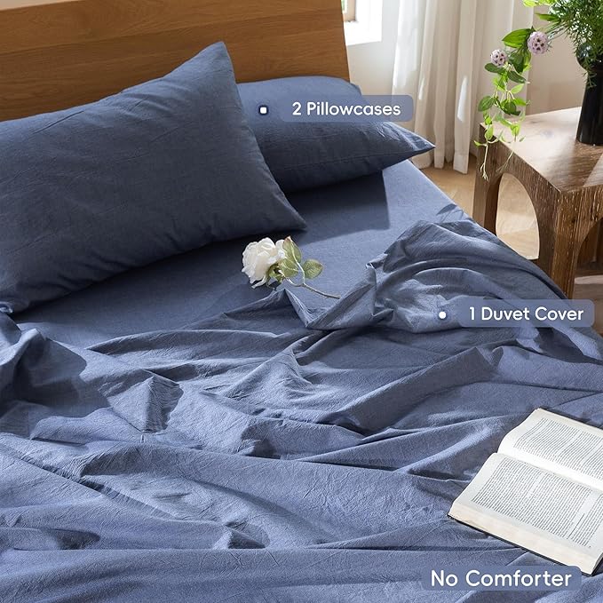 MooMee Bedding Duvet Cover Set 100% Washed Cotton Linen Like Textured Breathable Durable Soft Comfy (Heathered Blue, Full 80"x90")