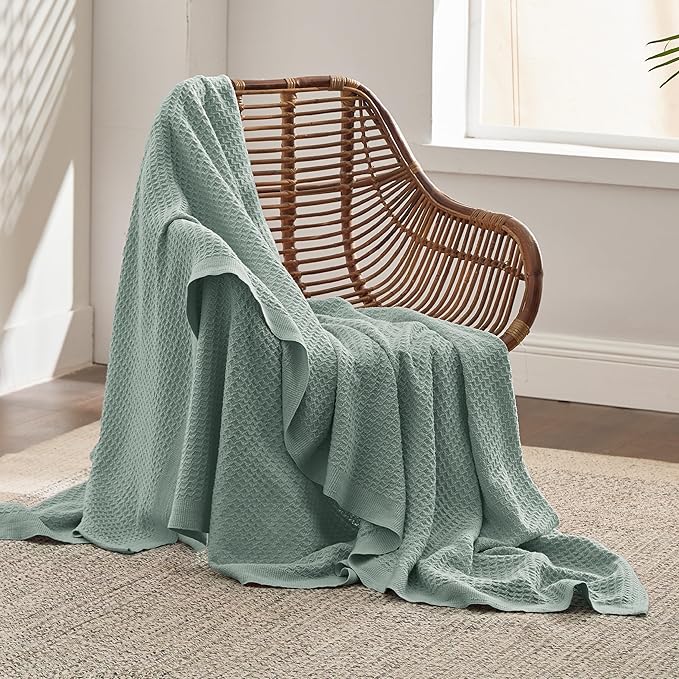 Bedsure Gentlesoft 100% Cotton Blanket Twin XL Size for College Dorm - Breathable and Soft for Spring Summer, Waffle Weave Twin Blanket for Bed, Dorm Room Essentials, Sage Green, 66x90 inches