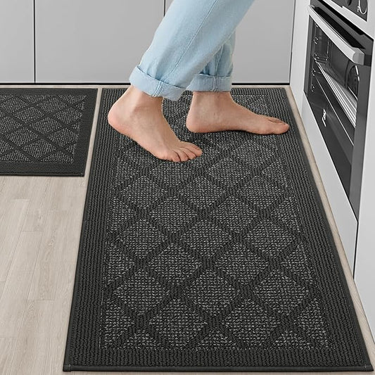 COSY HOMEER Kitchen Mats, 2 PCS Kitchen Rug Non Slip Washable, Absorbent Runner Rugs for Kitchen Floor, 100% Polypropylene Kitchen Sink Rug 20"x32" + 20"x48"(Dark Grey)