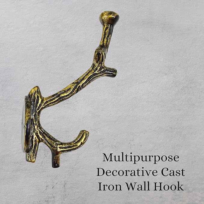 Set of 3 Cast Iron Tree Branch Shape Coat Hooks Wall Art Decor-Branch Shape Hangers and Key Holder-Clothes Rack and Backpack Hanger-Coat Hooks Home Decor for Storage,Living (Brass Antique)