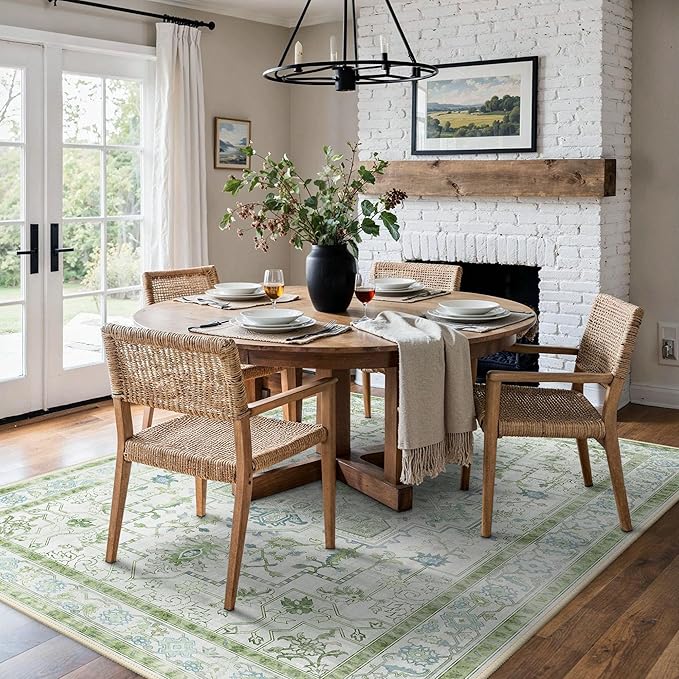 BESBLEE 5x7 Area Rugs for Living Room, Machine Washable Rug, Non Slip Vintage Rugs, Low Pile Lightweight Print Rug for Bedroom, Dining Room, Home Office, Cream Green