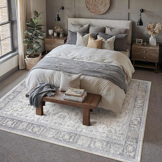 PureCozy 6x9 Grey Area Rug Vintage Washable Living Room Boho Carpet Non Slip Bedroom Indoor Office Low Pile Large Traditional Distressed Retro Accent Rug for Dining Room Bathroom Office Kitchen Dorm