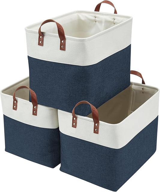 DECOMOMO Large Fabric Storage Baskets - Linen Closet Storage Bins with Handles for Laundry, Clothes, Home, Office (Navy Blue & White, XXL - 3 Pack)