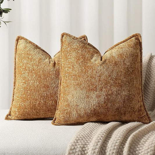 DEZENE Pack of 2 Golden Brown Decorative Throw Pillow Covers 22x22 Cozy Soft Chenille Accent Vintage Square Couch Pillow Covers for Home Decor Bed Sofa Living Room