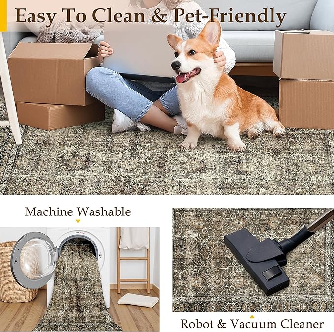 PureCozy Brown Runner Rug 2'6"x14' Vintage Area Carpet Hallway Long Indoor Kitchen Washable Living Room Low Pile Traditional Distressed Retro Accent Rug Non Slip Laundry Bathroom Office Dining Room
