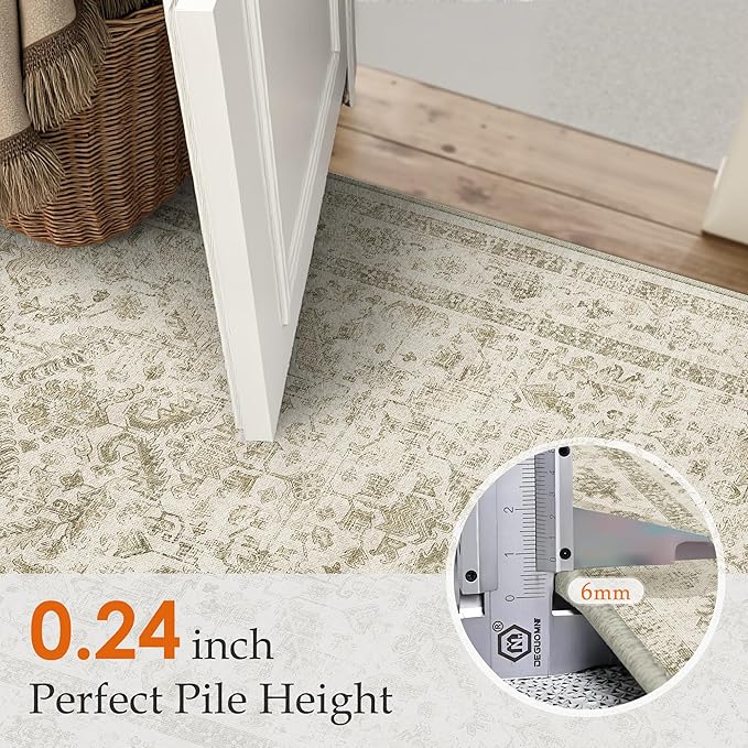 PureCozy Taupe 6x9 Area Rug Vintage Washable Living Room Carpet Non Slip Bedroom Indoor Office Low Pile Large Traditional Distressed Retro Accent Rug for Dining Room Bathroom Kitchen