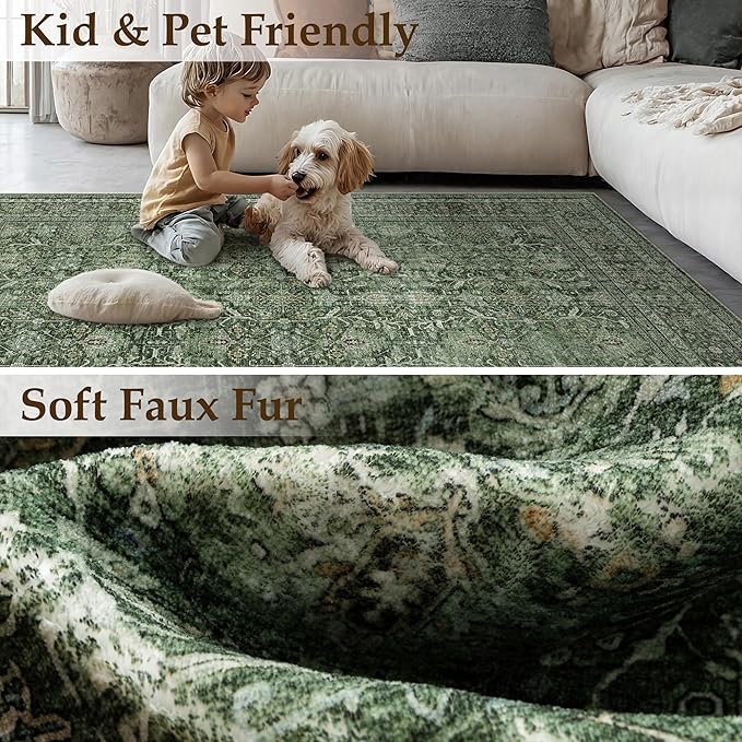 PureCozy Green Area Rug 4x6 Washable Office Entryway Carpet Soft Vintage Indoor Kitchen Living Room Door Mat Traditional Retro Distressed Thicker Throw Small Rug Bedroom Dining Room Bathroom