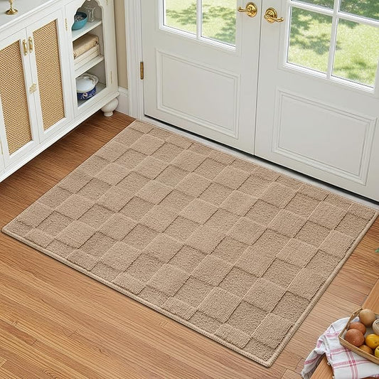 GRANNY SAYS Front Door Mat Outside Entrance, Door Mats for Entryway, Welcome Matt Non-Slip, Large Front Porch Mat Low Profile Resist Dirt, 48"x32", Khaki Check
