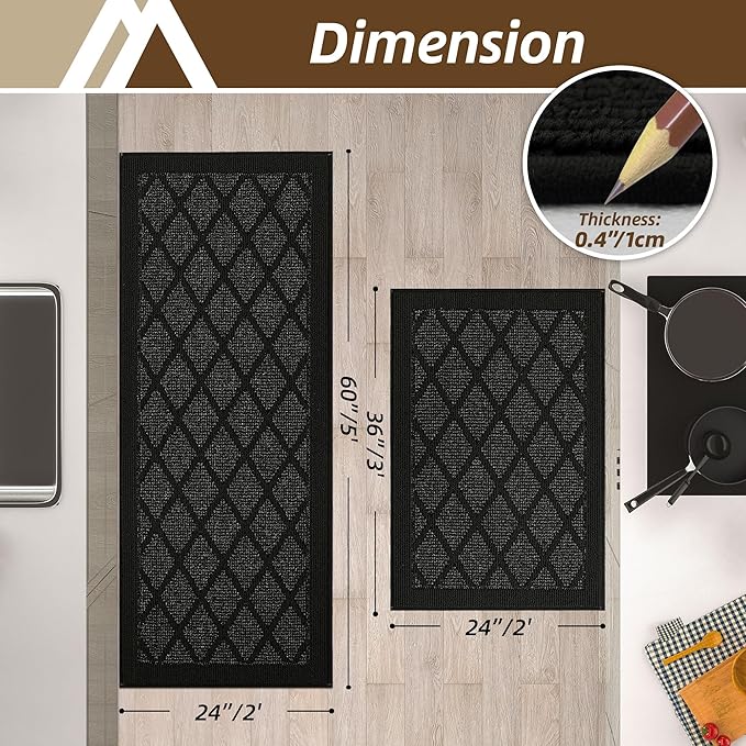 COSY HOMEER Kitchen Mats, 2 PCS Kitchen Rug Non Slip Washable, Absorbent Runner Rugs for Kitchen Floor, 100% Polypropylene Kitchen Sink Rug 24"x36" + 24"x60"(Black)