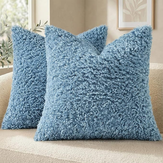decorUhome Pack of 2 Throw Pillow Covers 18x18 Inch, Faux Fur Decorative Sherpa Pillow Covers Fuzzy Accent Soft Sheepskin Fleece Pillow Cases for Couch Living Room Bed, Light Blue