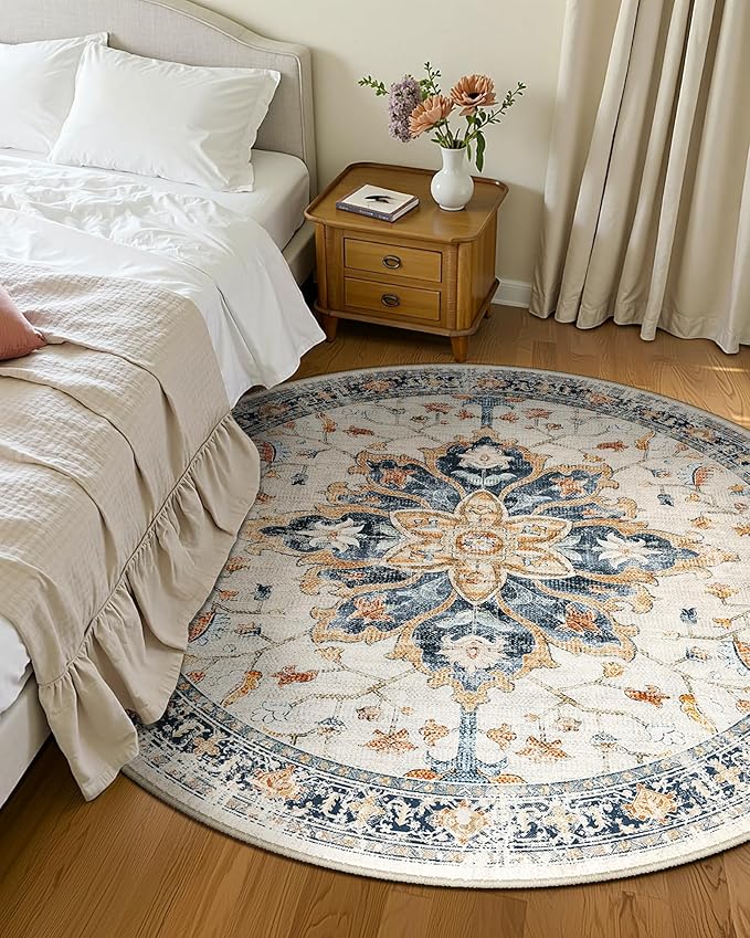 RELEANY Area Rugs 4ft Washable Non-Slip, Floral Vintage Distress Print Pattern Medallion Carpet for Living Room Bedroom Dining Room, Beige Navy Blue Orange Colorful