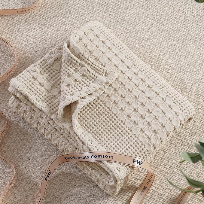 PHF 100% Cotton Waffle Weave Throw Blanket, Soft Lightweight Breathable Cozy Throws for Couch Bed Sofa, 300 GSM Luxury Aesthetic Blanket Gift for Home Decor & Office, 50"x60", Oatmeal