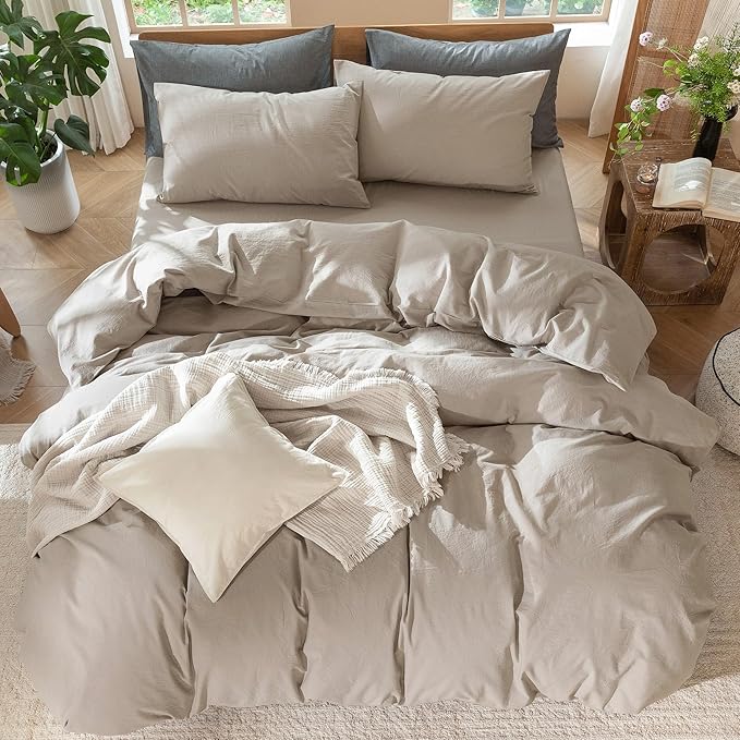 MooMee Bedding Duvet Cover Set 100% Washed Cotton Linen Like Textured Breathable Durable Soft Comfy (Solid Light Tan, Cal King 104"x98")