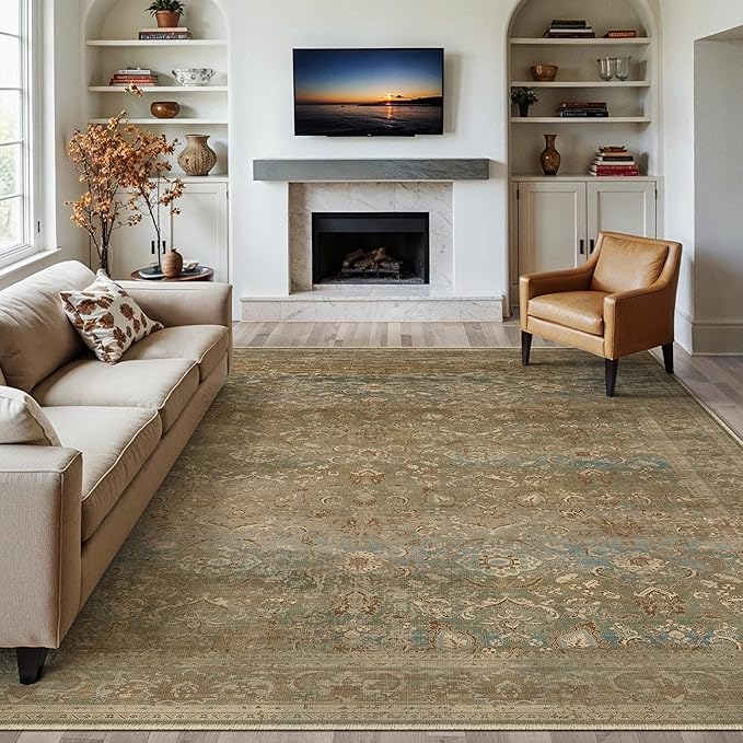 PureCozy Vintage Area Rug 8x10 Washable Brown Living Room Carpet Large Indoor Non Slip Bedroom Low Pile Kitchen Distressed Retro Accent Throw Rug for Dining Room