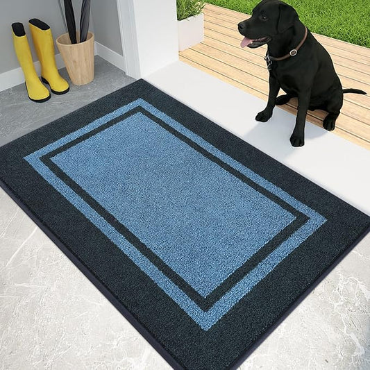 PURRUGS Dirt Trapping Door Mat 24" x 36", Non-Slip Machine Washable Entryway Rug, Entrance Mat, Indoor Front Door Mat, Super Absorbent Entry Rug for Muddy Shoes & Paws, Light Blue & Navy