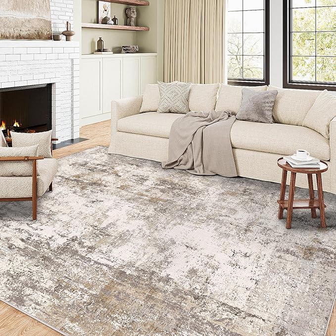 WondRg 6x9 Washable Area Rug Brown Grey Abstract Living Room Bedroom Throw Rug Neutral Modern Non Slip Soft Low Pile Indoor Carpet for Dining Room Office Entryway