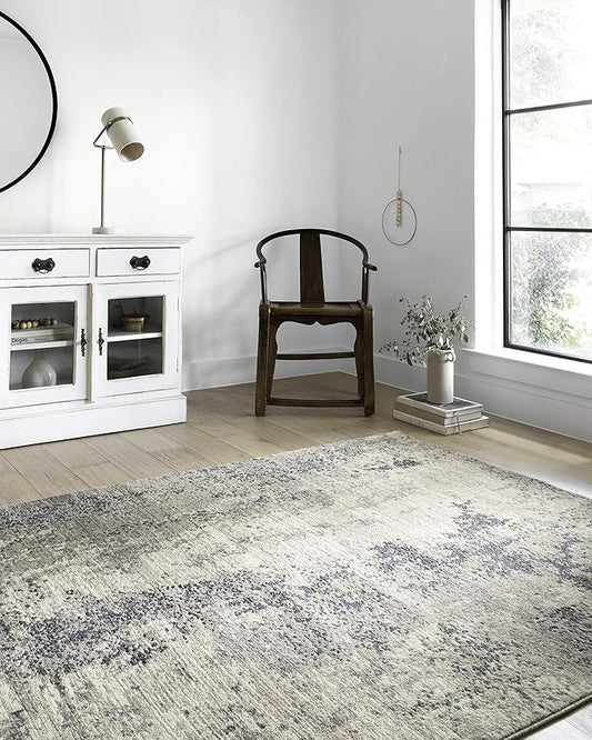 Loloi Teagan Collection TEA-07 Natural/Denim 5'-3" x 7'-6" Area Rug, Large, Soft Neutral Rug, High-Traffic for Living Room, Bedroom, Home Office, Dining Area