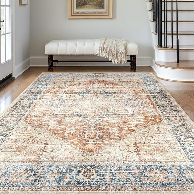 Fortsea Area Rugs 7X9 for Living Room, Machine Washable Non Slip Vintage Retro Rugs, Low Pile Lightweight Faux Wool Print Rug for Bedroom, Dining Room, Home Office (7X9 Terracotta/Sky)