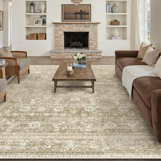 HUGEAR 8x10 Machine Washable Rugs Beige Hallway Large Area Rug Indoor Accent Rug Floral Low Pile Carpet Soft Throw Aesthetic Rug Bedroom Living Room Office Dining Room Kitchen Laundry Room