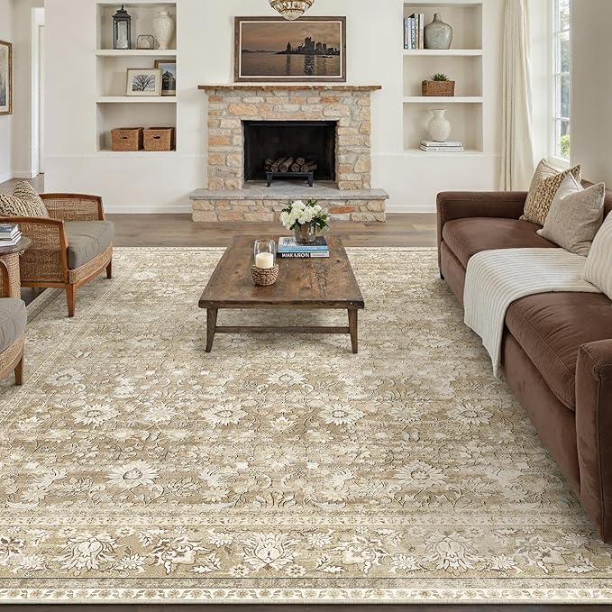 HUGEAR 6x9 Machine Washable Rugs Beige Hallway Large Area Rug Indoor Accent Rug Floral Low Pile Carpet Soft Throw Aesthetic Rug Bedroom Living Room Office Dining Room Kitchen Laundry Room