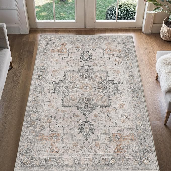 BESBLEE 4x6 Area Rugs for Living Room, Machine Washable Low Pile Vintage Rugs, Non Slip Lightweight Print Rug for Bedroom, Dining Room, Home Office, Light Taupe Brown