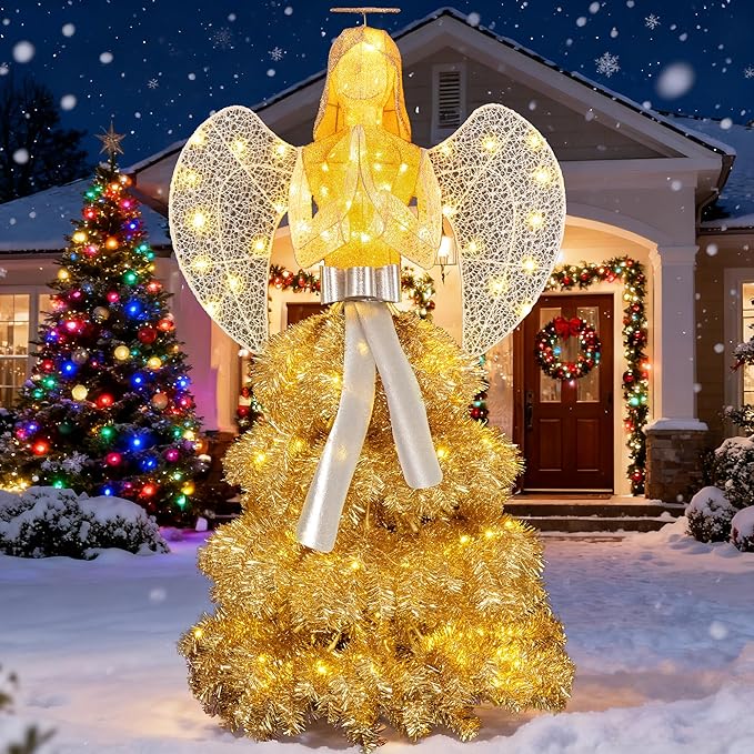Large Outdoor Lighted Angel Yard Decoration, 3D Glitter Wings LED Statue, Waterproof Garden Lawn Patio Decor for Yard, Walkway & Party Display