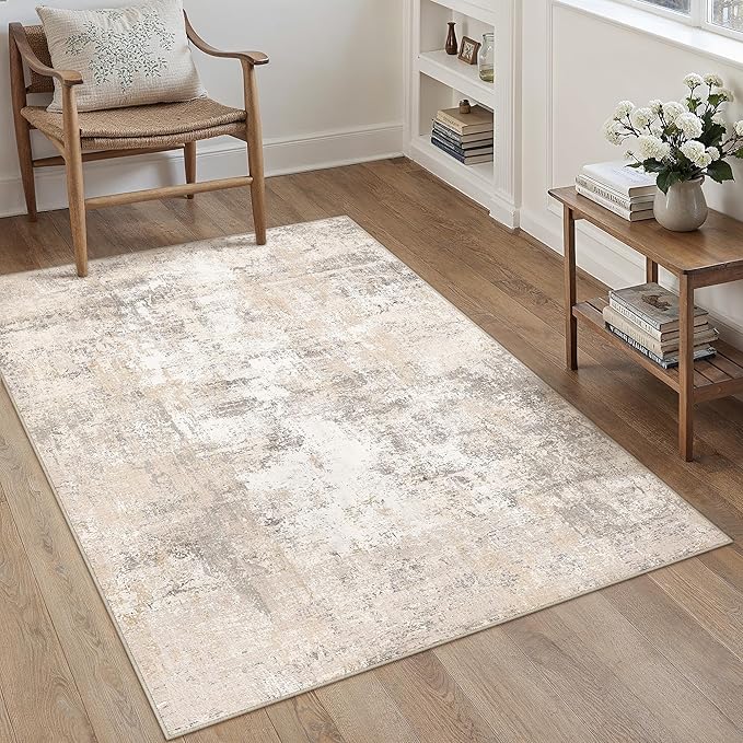 WondRg 3x5 Washable Area Rug Beige Grey Abstract Entryway Office Throw Rug Neutral Modern Non Slip Soft Low Pile Small Carpet for Kitchen Living Room Bedroom Entrance