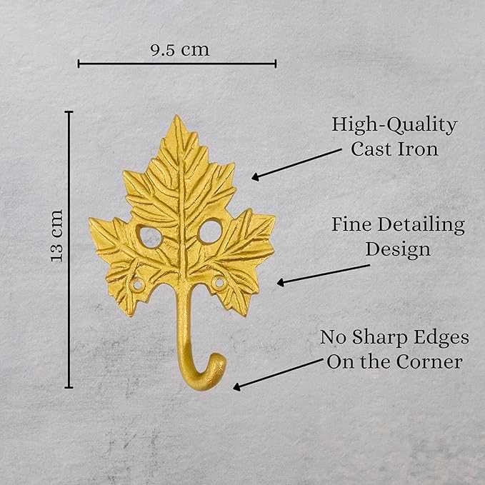 Set of 3 Cast Iron Maple Leaf Shape Coat Hooks Wall Art Decor-Maple Leaf Shape Hangers and Key Holder-Clothes Rack and Backpack Hanger-Coat Hooks Home Decor for Storage, Living Room, Hallway (Gold)