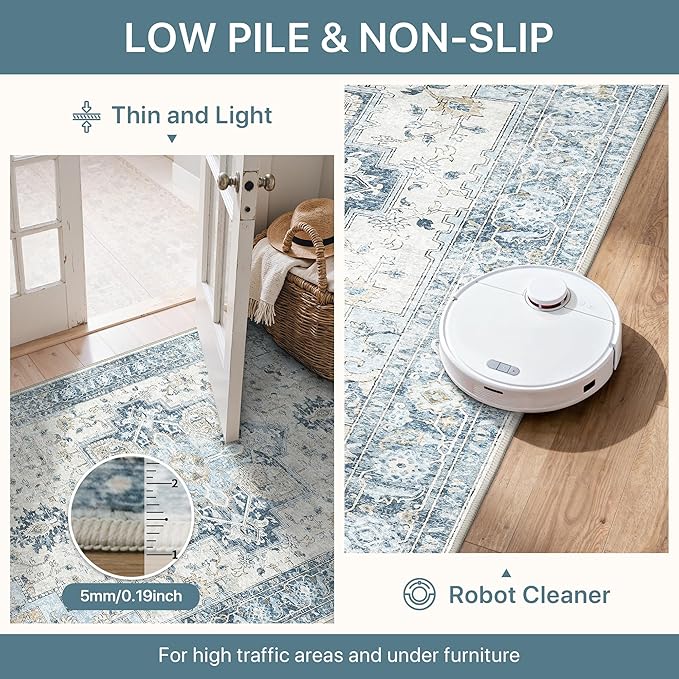 BESBLEE 3x5 Area Rugs for Living Room, Machine Washable Rug, Non Slip Vintage Rugs, Low Pile Lightweight Print Rug for Bedroom, Dining Room, Home Office, Blue