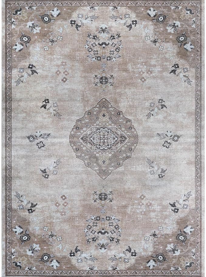 Beverly Rug Non Slip Rugs 6x9 Boho Medallion Floral Non Skid Rubber Backing Easy Silk Soft Area Rug for Living Room Easy to Clean Non Shedding Kitchen Bedroom Indoor Carpet (6 x 9 Beige - Brown)